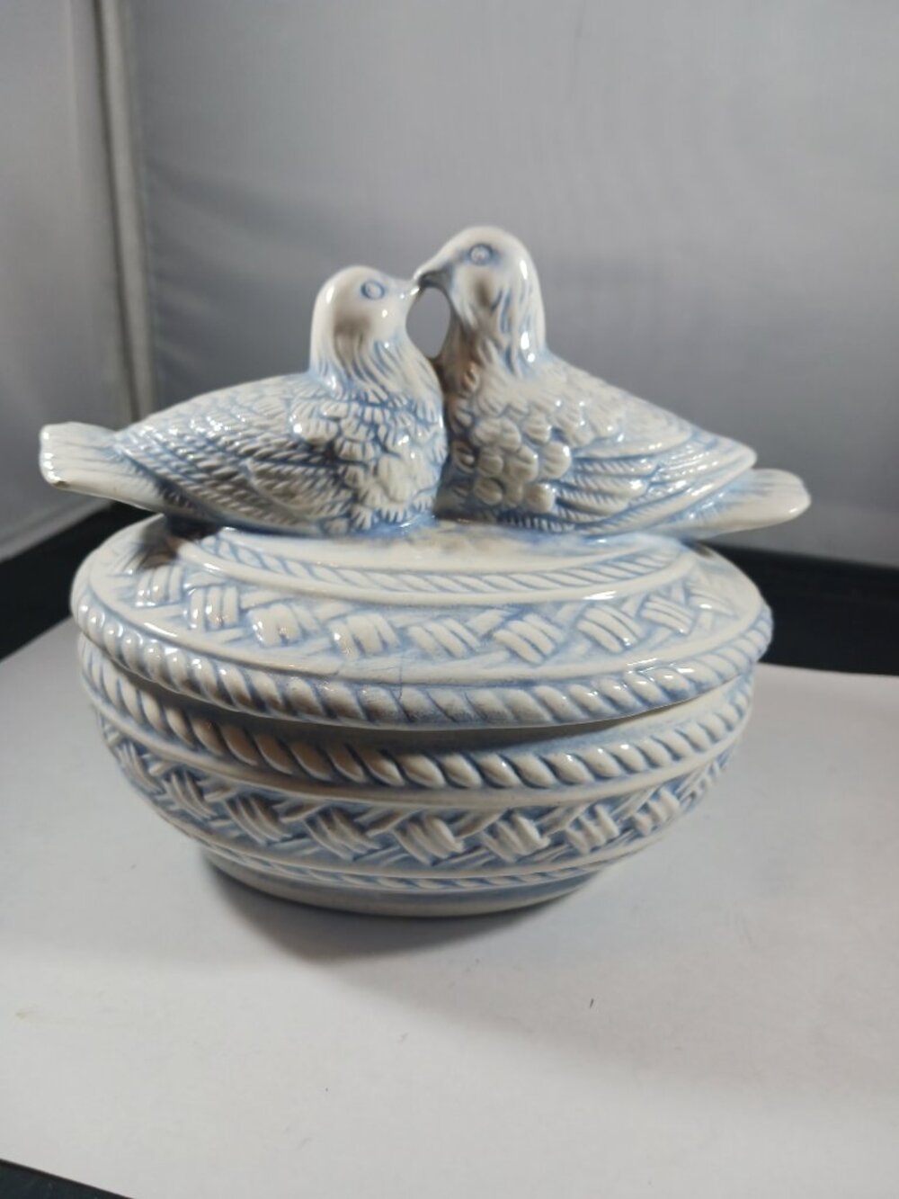 Love Birds Vintage Porcelain Covered Bowl White & Blue Woven Basket Design